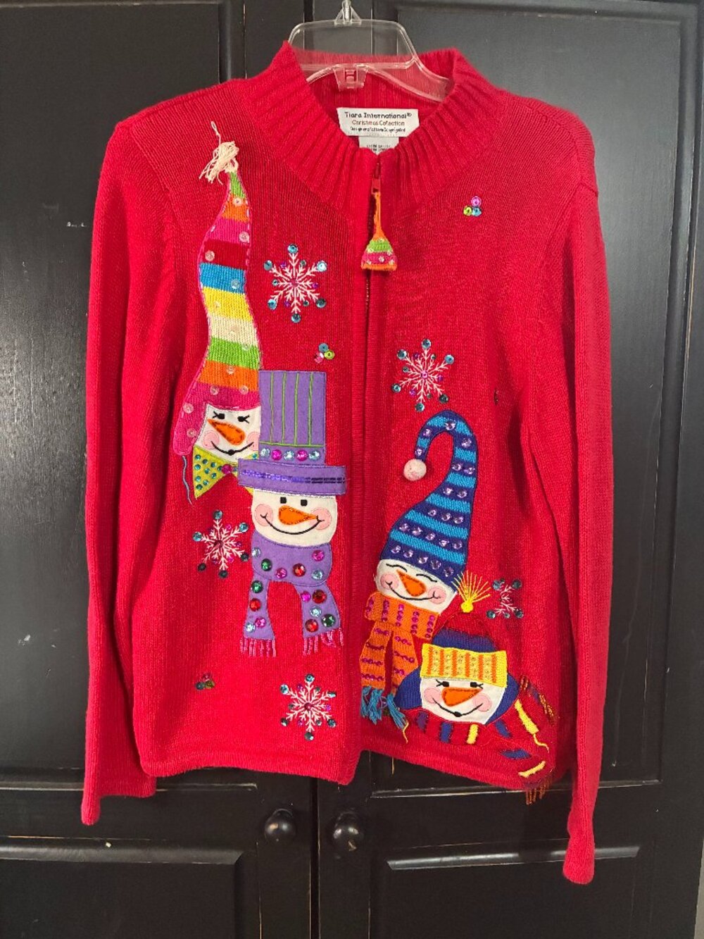 Tiara Snowman Fun Christmas Sweater Knit Detail Zipper Front Cardigan XL Quirky